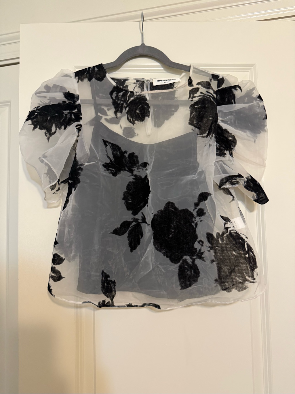 Amanda Uprichard Sheer White Organza Blouse With Black Floral Flocking In Velvet